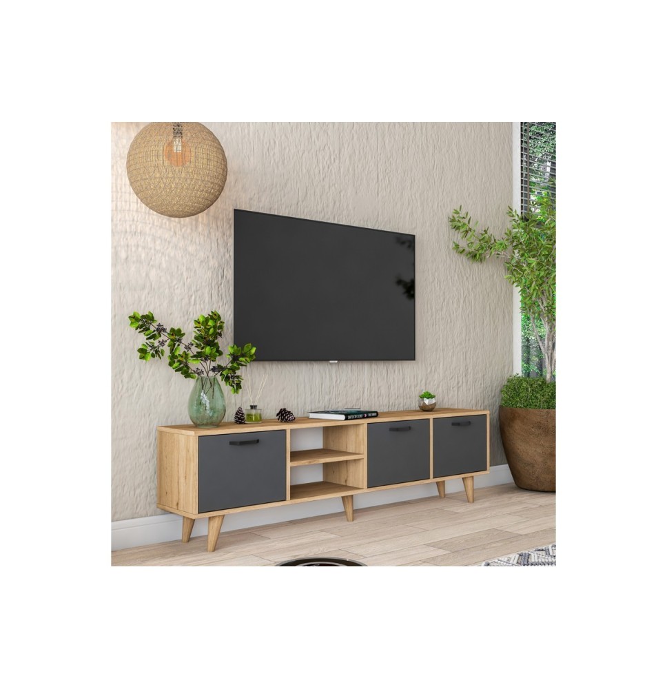 Mueble TV Antracita Nogal Melamina Natural - Patas Madera - 180x29.7x48.6 cm - 3 Cajones y Estantes.